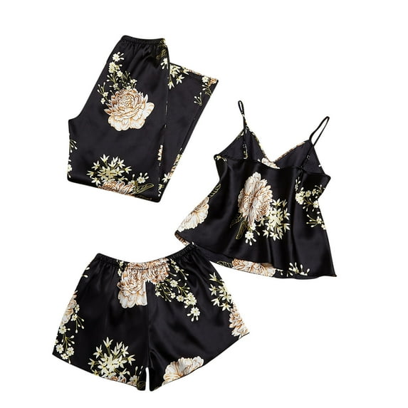 SwiftWear Womens 3 Pcs Pajamas Set Silk Satin Sleeveless Sleepwear Floral Print Cami + Shorts and Pants Set Black Loungewear Pjs, M