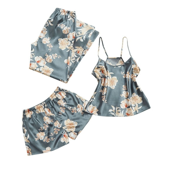 SwiftWear Womens 3 Pcs Pajamas Set Silk Satin Sleeveless Sleepwear Floral Print Cami + Shorts and Pants Set Gray Loungewear Pjs, L