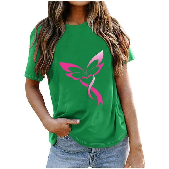 Yufatyle Womens Breast Cancer Awareness T Shirts Cute Butterfly Pink Ribbon Graphic Print Tee Inspirational Short Sleeve Tops M