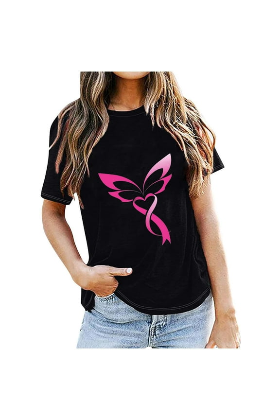 Yufatyle Womens Breast Cancer Awareness T Shirts Cute Butterfly Pink Ribbon Graphic Print Tee Inspirational Short Sleeve Tops S