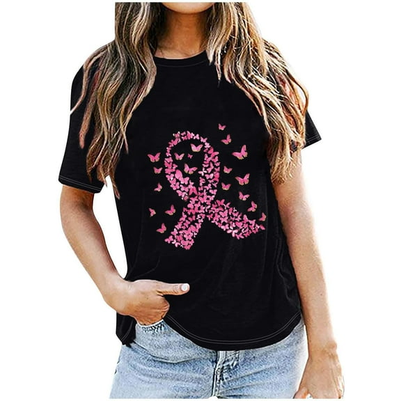 Yufatyle Womens Breast Cancer Awareness T Shirts Cute Butterfly Pink Ribbon Graphic Print Tee Inspirational Short Sleeve Tops S