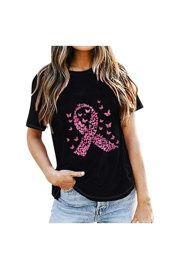 Yufatyle Womens Breast Cancer Awareness T Shirts Cute Butterfly Pink Ribbon Graphic Print Tee Inspirational Short Sleeve Tops S
