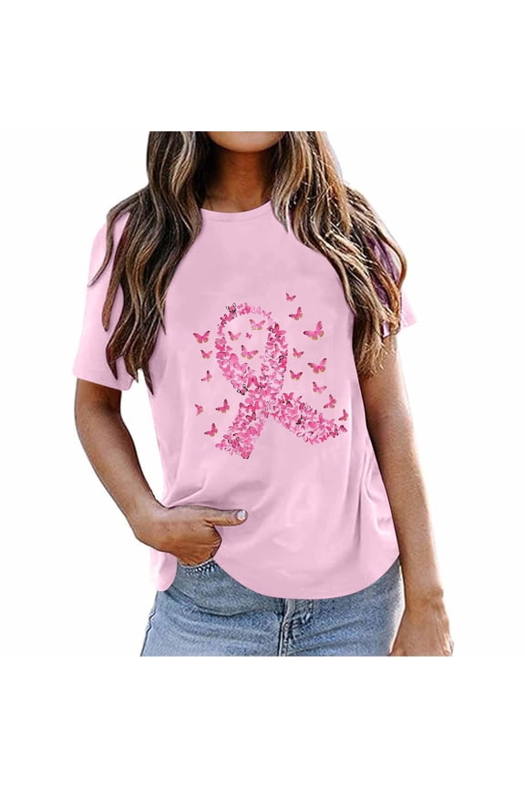 Womens Breast Cancer Awareness T Shirts Cute Butterfly Pink Ribbon Graphic Print Tee Inspirational Short Sleeve Tops XXL