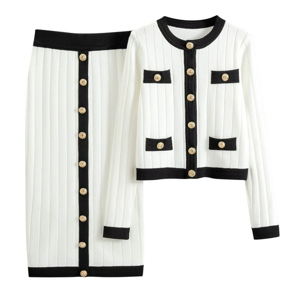 Yufatyle Womens Fall 2 Piece Outfits Elegant Long Sleeve Knitting Cardigan Button Bodycon Midi Skirt Suit White Free Size