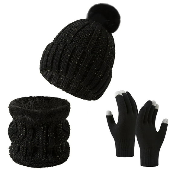 SwiftWear Womens Hat Gloves Scarf Set Warm Knit Beanie Hat with Pom Pom Touchscreen Glove Neck Scarf 3Pcs Winter Gifts Black