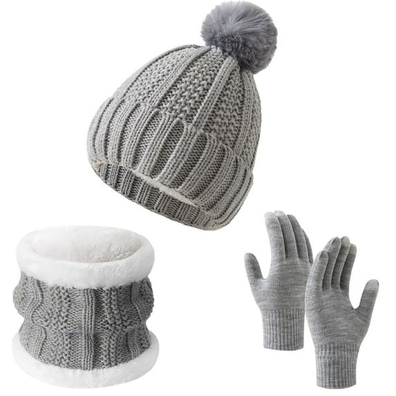 SwiftWear Womens Hat Gloves Scarf Set Warm Knit Beanie Hat with Pom Pom Touchscreen Glove Neck Scarf 3Pcs Winter Gifts Gray