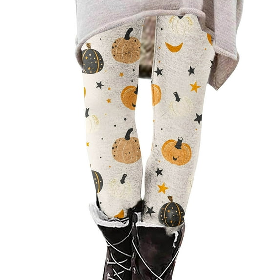 SwiftWear Womens High Waisted Exercise Yoga Pants Workout Leggings for Women Cute Pumpkin Holiday Print Running Tights, Beige S