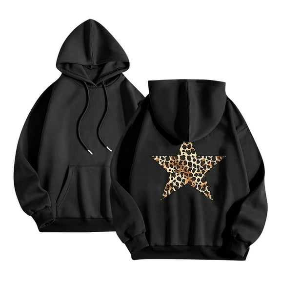 SwiftWear Womens Oversized Hoodies Fashion Leopard Star Print Hooded Sweatshirts with Pocket Drop Shoulder Fall Tops Black