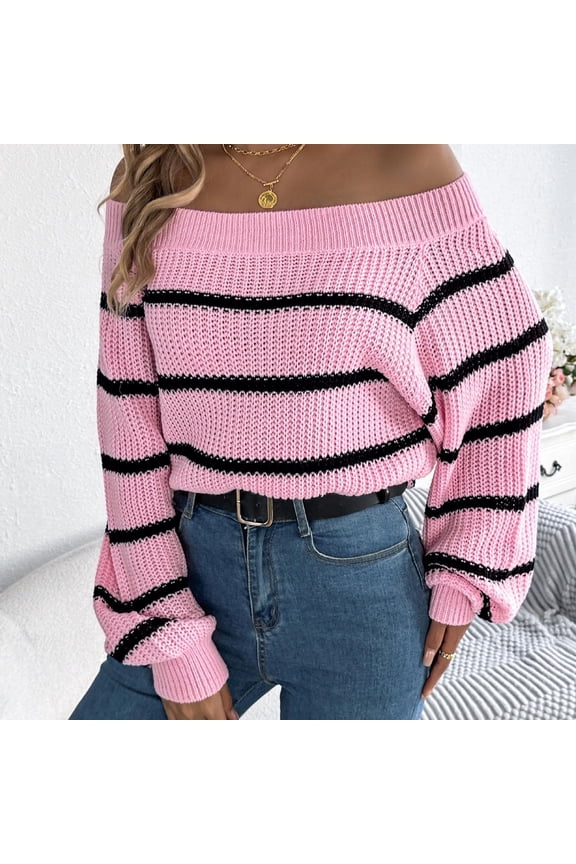 Womens Oversized Sweater Striped Off The Shoulder Pullover Sweaters Cable Knit Tops S