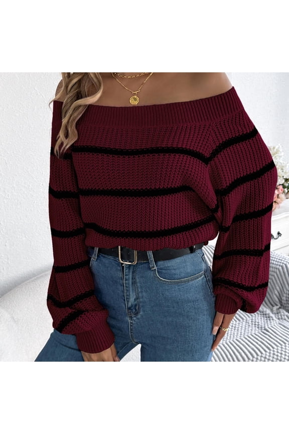 Yufatyle Womens Oversized Sweater Striped Off The Shoulder Pullover Sweaters Cable Knit Tops S