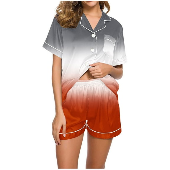 SwiftWear Womens Pajama Sets 2 Piece Satin Short Sleeve Button-Up Top & Shorts Set Soft Comfy Sleepwear Gradient Pjs Loungewear L