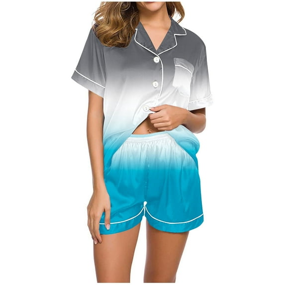 SwiftWear Womens Pajama Sets 2 Piece Satin Short Sleeve Button-Up Top & Shorts Set Soft Comfy Sleepwear Gradient Pjs Loungewear S
