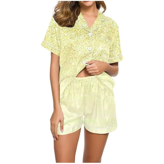 SwiftWear Womens Pajama Sets 2 Piece Satin Short Sleeve Button-Up Top & Shorts Set Soft Comfy Sleepwear Print Pjs Loungewear M
