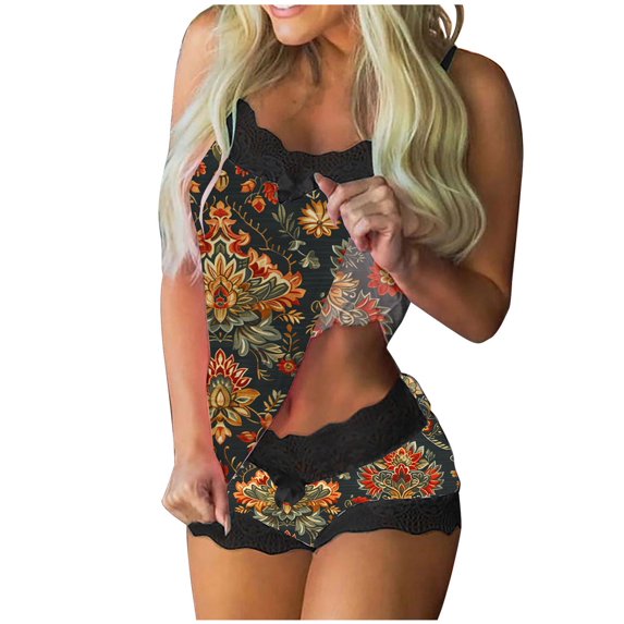 Yufatyle Womens Pajama Sets Cami and Shorts for Summer Soft Sleeveless Sleepwear Vintage Floral Pj Sets Cozy Loungewear M