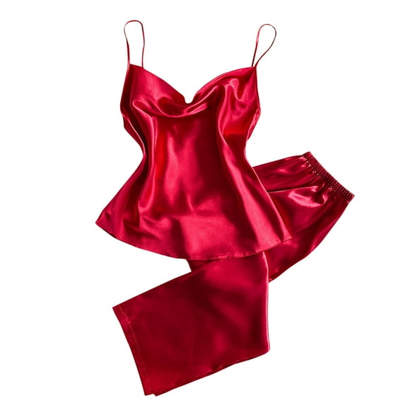SwiftWear Womens Pajama Sets Solid Color Sleeveless V Neck Cami Top Pants Home Loungewear Set Comfy Satin Sleepwear, Red L