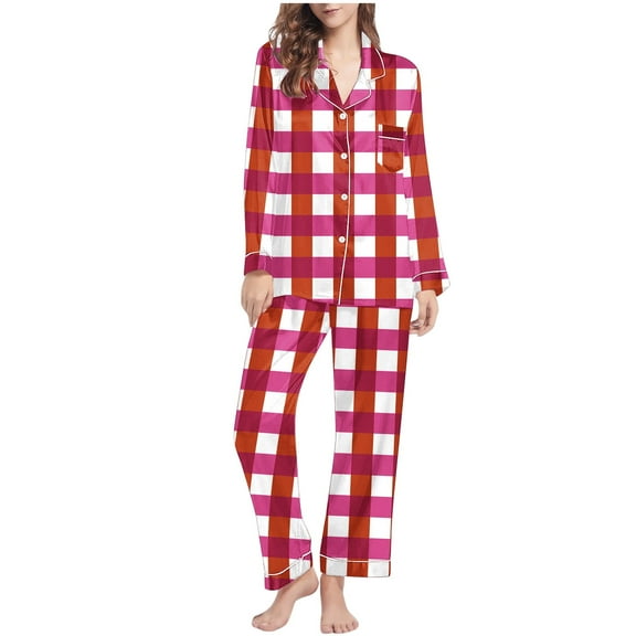 SwiftWear Womens Plaid Pajamas Long Sleeve Sleepwear Button Down Lapel Shirt and Pants 2 Piece PJs Set Soft Nightwear with Pocket M