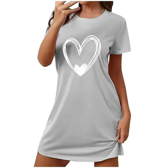 Yufatyle Womens Sleepwear Short Sleeve Heart Pattern Graphic Nightgown Casual Comfy Sleepshirt Soft Loungewear Gray