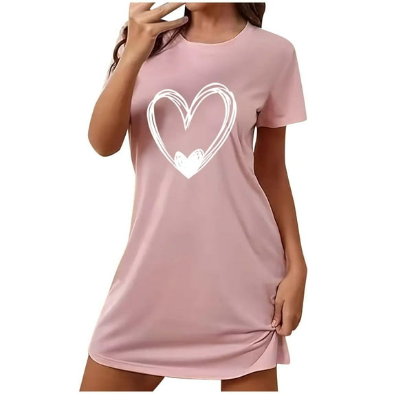 Yufatyle Womens Sleepwear Short Sleeve Heart Pattern Graphic Nightgown Casual Comfy Sleepshirt Soft Loungewear Pink