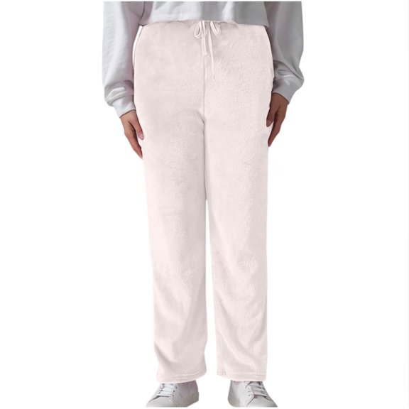 Yufatyle Womens Straight Leg Flannel Pants Soft Fuzzy Warm Lounge Pants for Women Drawstring High Waist Pajama Pants Khaki 2XL