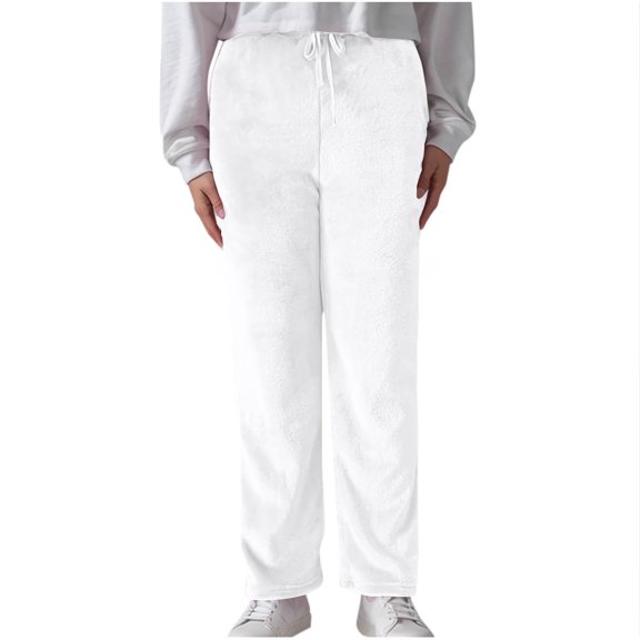 Yufatyle Womens Straight Leg Flannel Pants Soft Fuzzy Warm Lounge Pants for Women Drawstring High Waist Pajama Pants White L