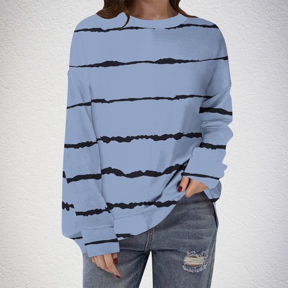 SwiftWear Womens Striped Sweatshirts Loose Fit Crewneck Long Sleeve Tops Casual Pullover Shirts Fall Fashion Clothes M