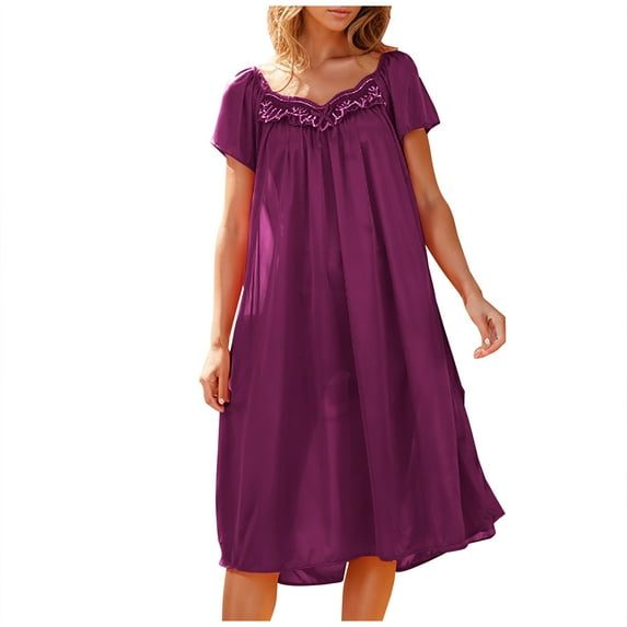 SwiftWear Womens Summer Solid Short Sleeve Loose Fit Satin Silk Sleep Shirt Midi Home Dress Lace Bow Scoop Neck Pajamas Purple-B