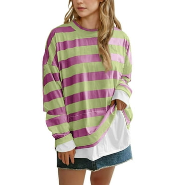SwiftWear Womens Tops Long Sleeve Plus Size Shirt Crew Neck Striped Clothes Casual for Fall