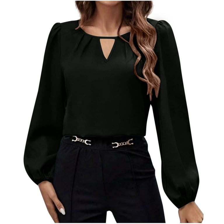 SwiftWear Womens Tops Puff Long Sleeve Dressy Casual Tops Trendy Satin Business Shirt Keyhole V Neck Fall Blouse Black