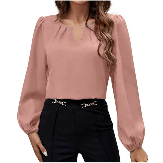 SwiftWear Womens Tops Puff Long Sleeve Dressy Casual Tops Trendy Satin Business Shirt Keyhole V Neck Fall Blouse Pink