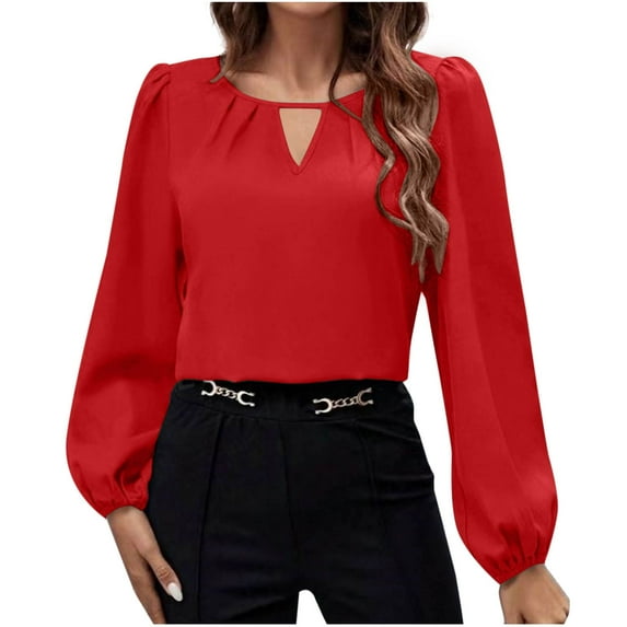 SwiftWear Womens Tops Puff Long Sleeve Dressy Casual Tops Trendy Satin Business Shirt Keyhole V Neck Fall Blouse Red