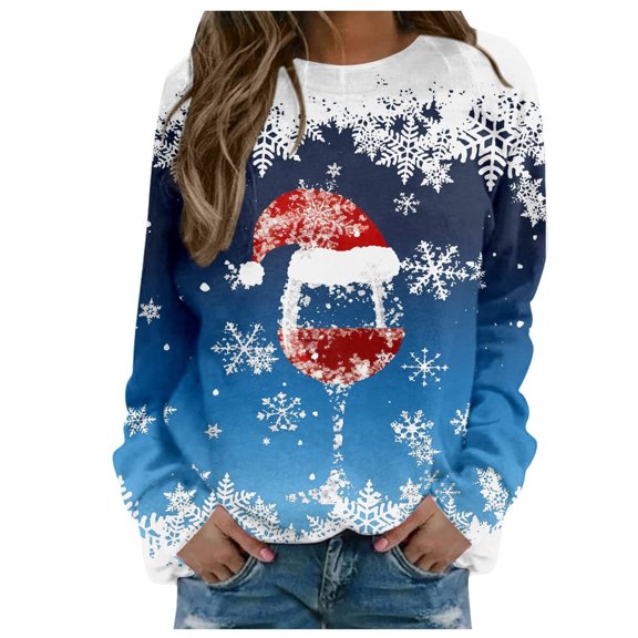 SwiftWear Womens Xmas Pullover Sweatshirts Snowflake Wine Glass Print Top Long Sleeve Crewneck Shirts Christmas Gift 2XL