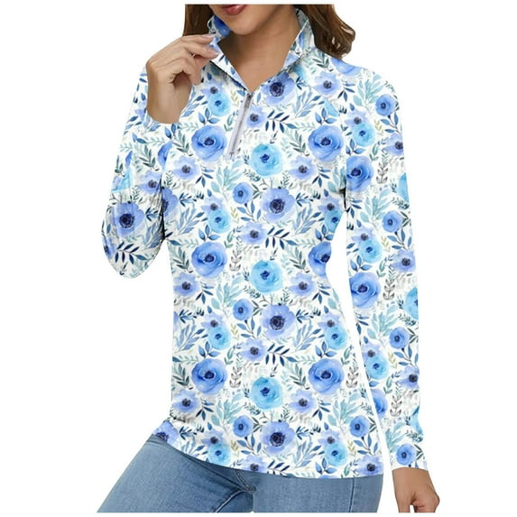 SwiftWear Workout Shirts for Women Long Sleeve 1/4 Zip Pullover Floral Dry Fit Hiking Golf Shirts Athletic Tops 2XL