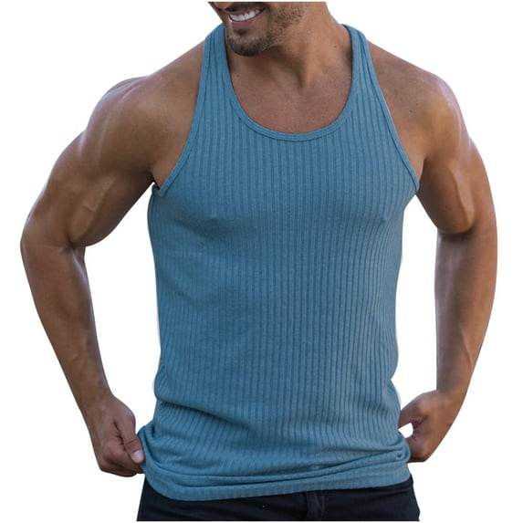 Yufatyle Workout Tank Tops for Men V-Neck Sleeveless Tight,Stripe Mens Athletic Shirts Light Blue XXL