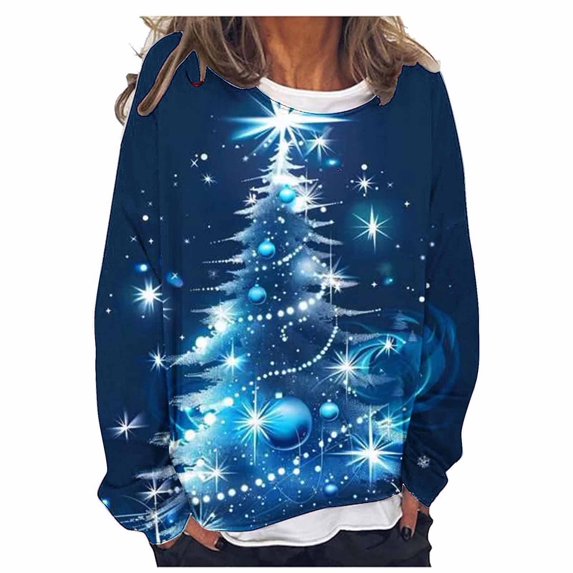 SwiftWear Xmas Shirts for Women Christmas Tree Deer Santa Pullover Long Sleeve Crewneck Tops Casual Fake Two-Piece T Shirts L