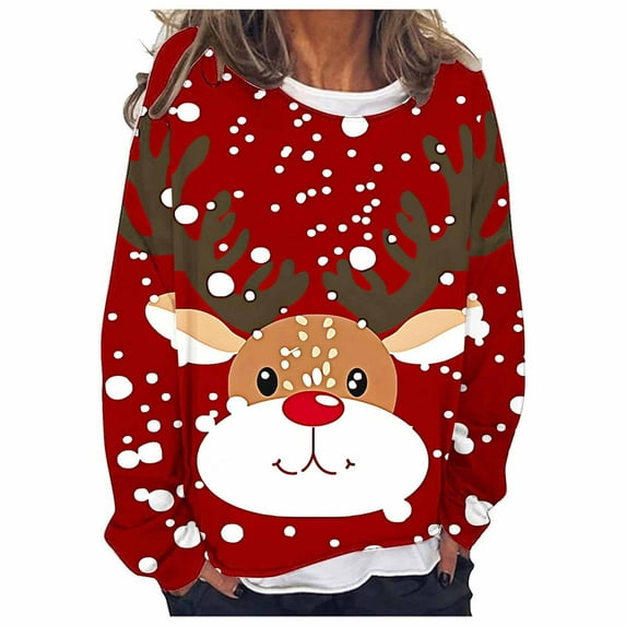 SwiftWear Xmas Shirts for Women Christmas Tree Deer Santa Pullover Long Sleeve Crewneck Tops Casual Fake Two-Piece T Shirts L