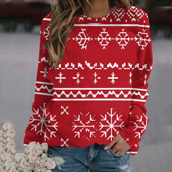Yufatyle Xmas Sweatshirts Women Snowflake Deer Santa Pullover Tops Long Sleeve Crew Neck Christmas Shirts Holiday Gifts 2XL