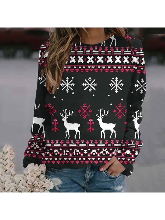 Xmas Sweatshirts Women Snowflake Deer Santa Pullover Tops Long Sleeve Crew Neck Christmas Shirts Holiday Gifts M