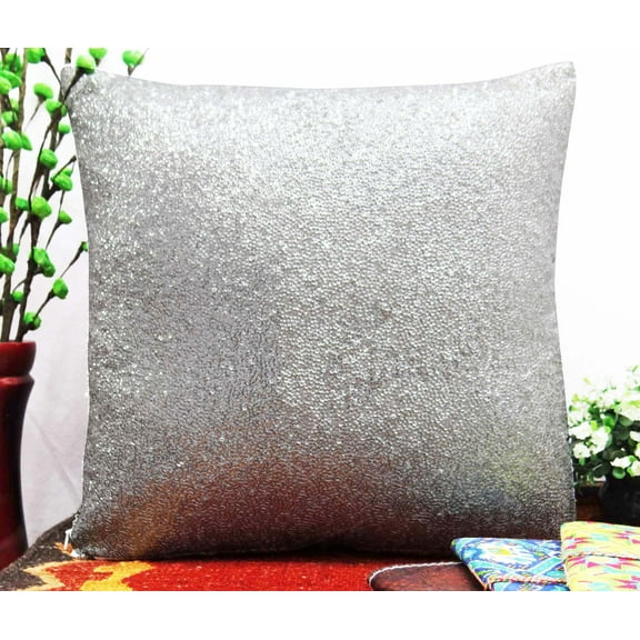 Yuga Metallic Silver Sequin Throw Cushion Cover Glitter Pillow Wedding Decor Lounge 22 X 22 Inches