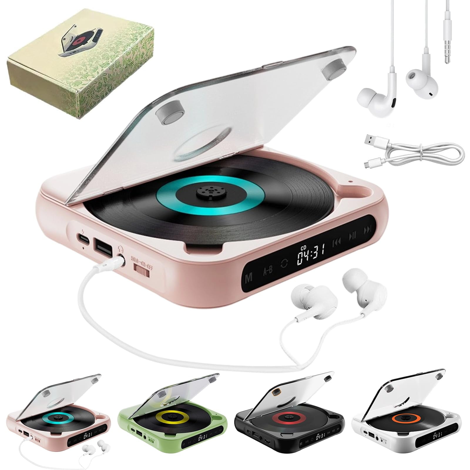 Yuguz Portable CD Player, New Bluetooth-Compatible CD-Player with Headphones, Supports CD/USB/BT and Repeat Modes, Mini Rechargeable Discman for Home, Office, Travel (Black)