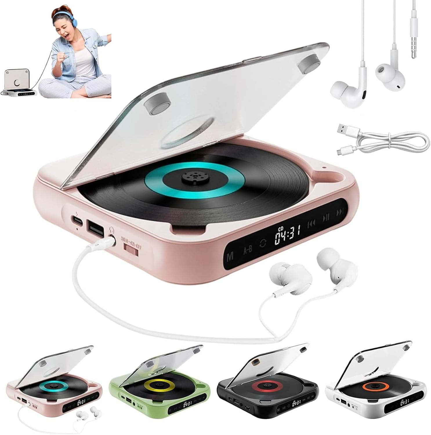 Yuguz Portable Cd Player, Yuguz Portable 5.3 Bluetooth Rechargeable Cd Player, Megicot Portables Cds Players, Rechargeable, Supports USB and Repeat Modes for Home, Office, Travel