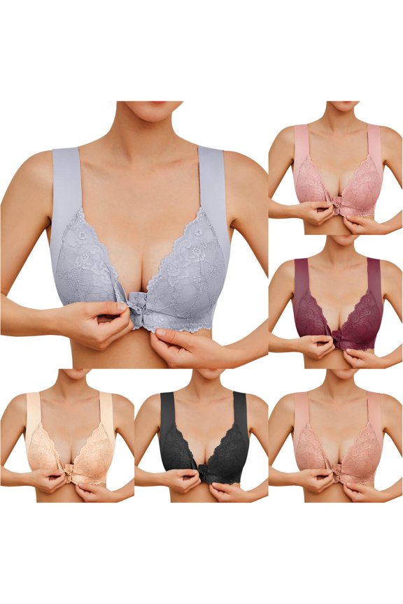 Bras for Older Women Front Close T Back Plus Size Seamless Unlined Bra for Large Bust with No Steel Ring Lightweight Grey L
