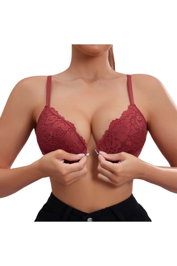 Bras for Women Full Coverage European Style Gathering Light Front Buttoned Beauty Back Lace Steel Rings Red 36
