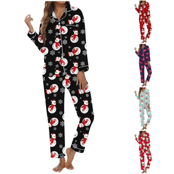 Yuhangmm Christmas Pjs Women Christmas Pajama Sets Flannel Long Sleeve Notch Collar Plaid Sleepwear E XL