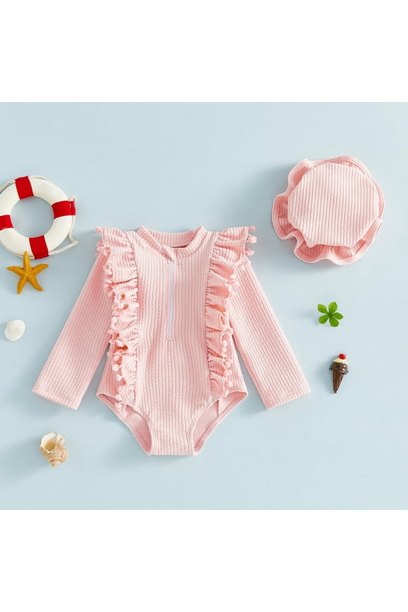 Yuhangmm Girls Bathing Suits, Baby Girl Swimsuit Ruffle Long Sleeve 1 Piece Swimwear Romper Toddler Girl Bathing Suit Rash Guard With Hat Set Girl Swim Pink 6-12 Months