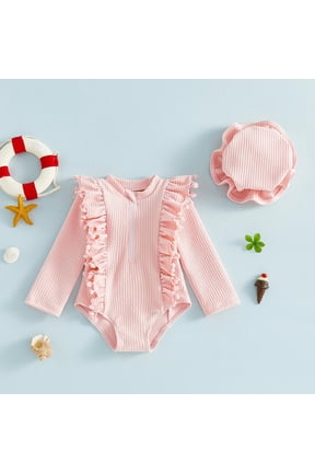 Yuhangmm Girls Bathing Suits, Baby Girl Swimsuit Ruffle Long Sleeve 1 Piece Swimwear Romper Toddler Girl Bathing Suit Rash Guard With Hat Set Girl Swim Pink 3-6 Months