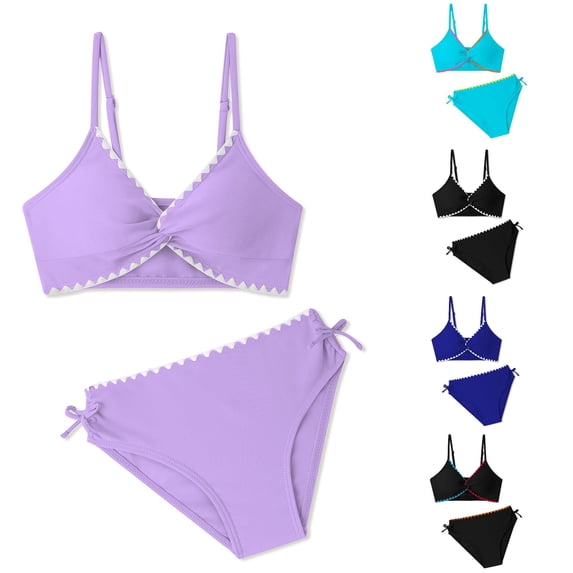 Yuhangmm Girls Bathing Suits, Swimsuits V Neck Cute Girls Bikini Swim Two Piece With Chest Pad Girls Bathing Suits Size 8 Purple 7-8 Years