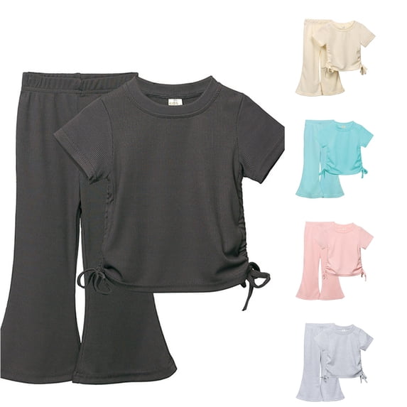 Yuhangmm Girls Clothes Summer Solid Knit Short Sleeve T Shirt Tee Flare Pants Set Toddler Bottoms Outfit Baby Girl 3 Months Clothes Grey1 7-8 Years