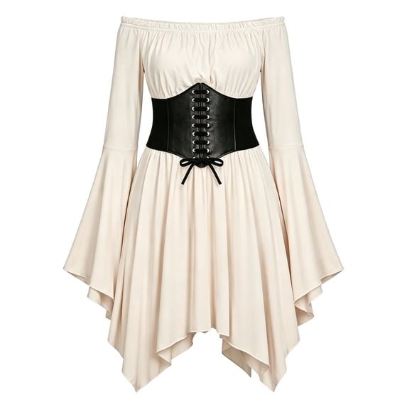 Yuhangmm Girls Renaissance Dress Off Shoulder Pirate Halloween Medieval Vintage Dress with Belt Beige 5-6 Years