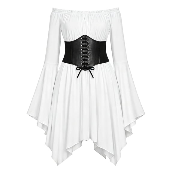 Yuhangmm Girls Renaissance Dress Off Shoulder Pirate Halloween Vintage Dress with Belt White 9-10 Years