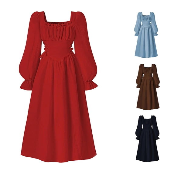 Yuhangmm Girls Summer Dress, French Square Neck Girls Party Dress With Puff Sleeves Elegant Waist Defining Flared Gown For Autumn Fall Dress for Kids Red 8-9 years